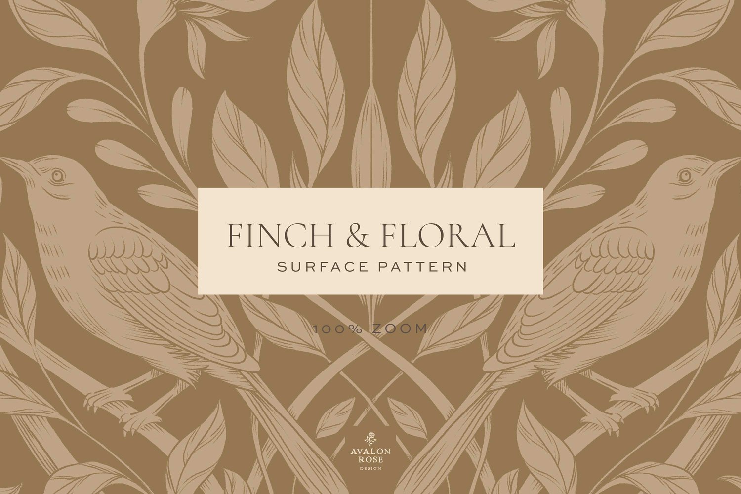 Cream and tan surface pattern design featuring florals and birds with the words Finch & Floral Surface Pattern