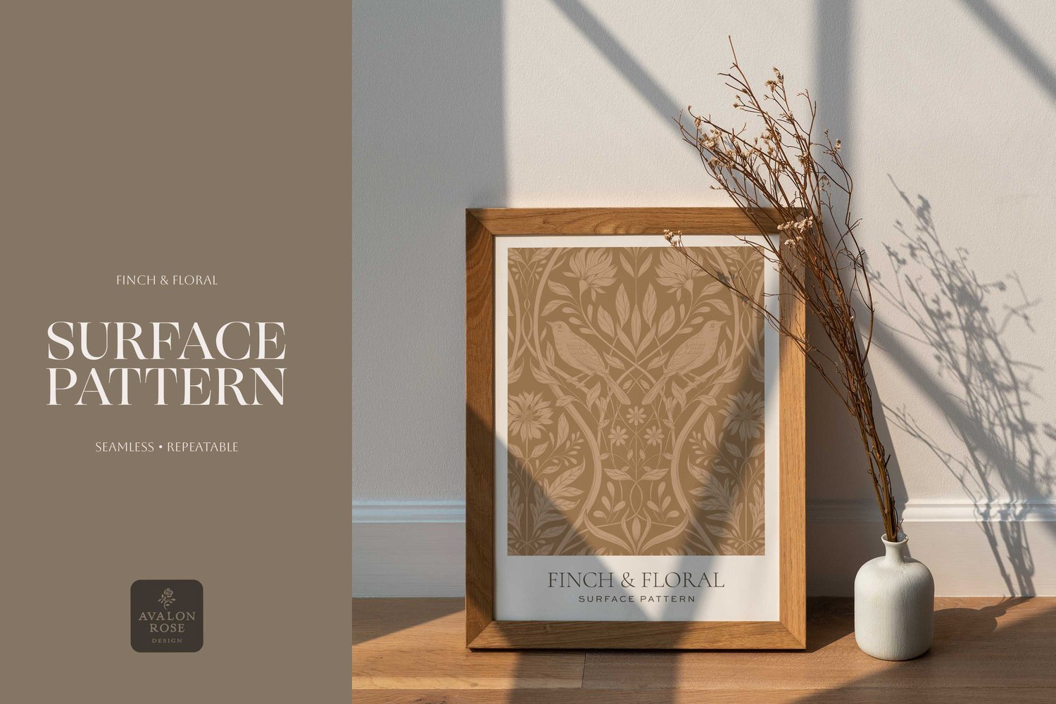 Cream and tan surface pattern design featuring florals and birds with the words Finch & Floral Surface Pattern