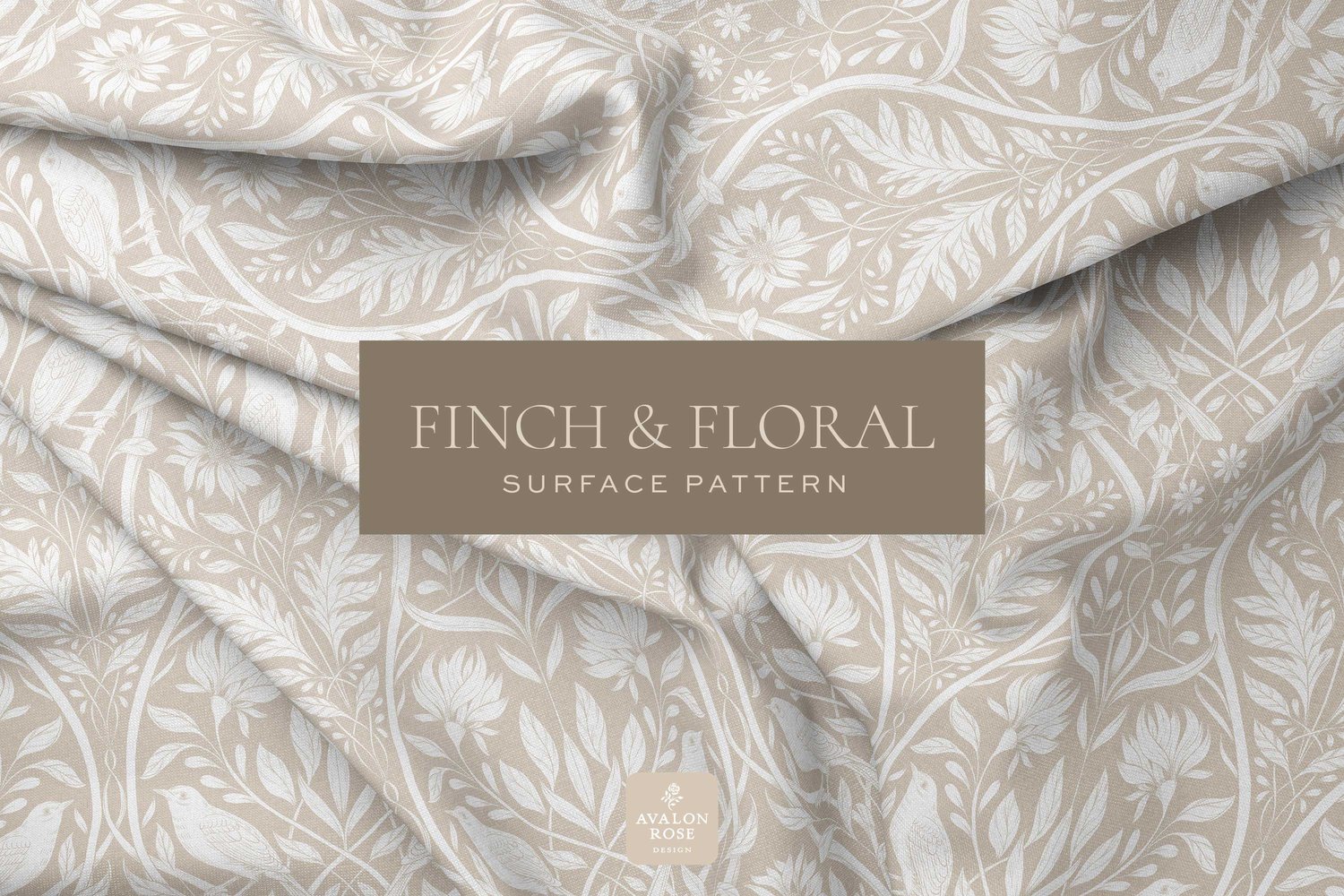 Cream and white surface pattern design featuring florals and birds with the words Finch & Floral Surface Pattern