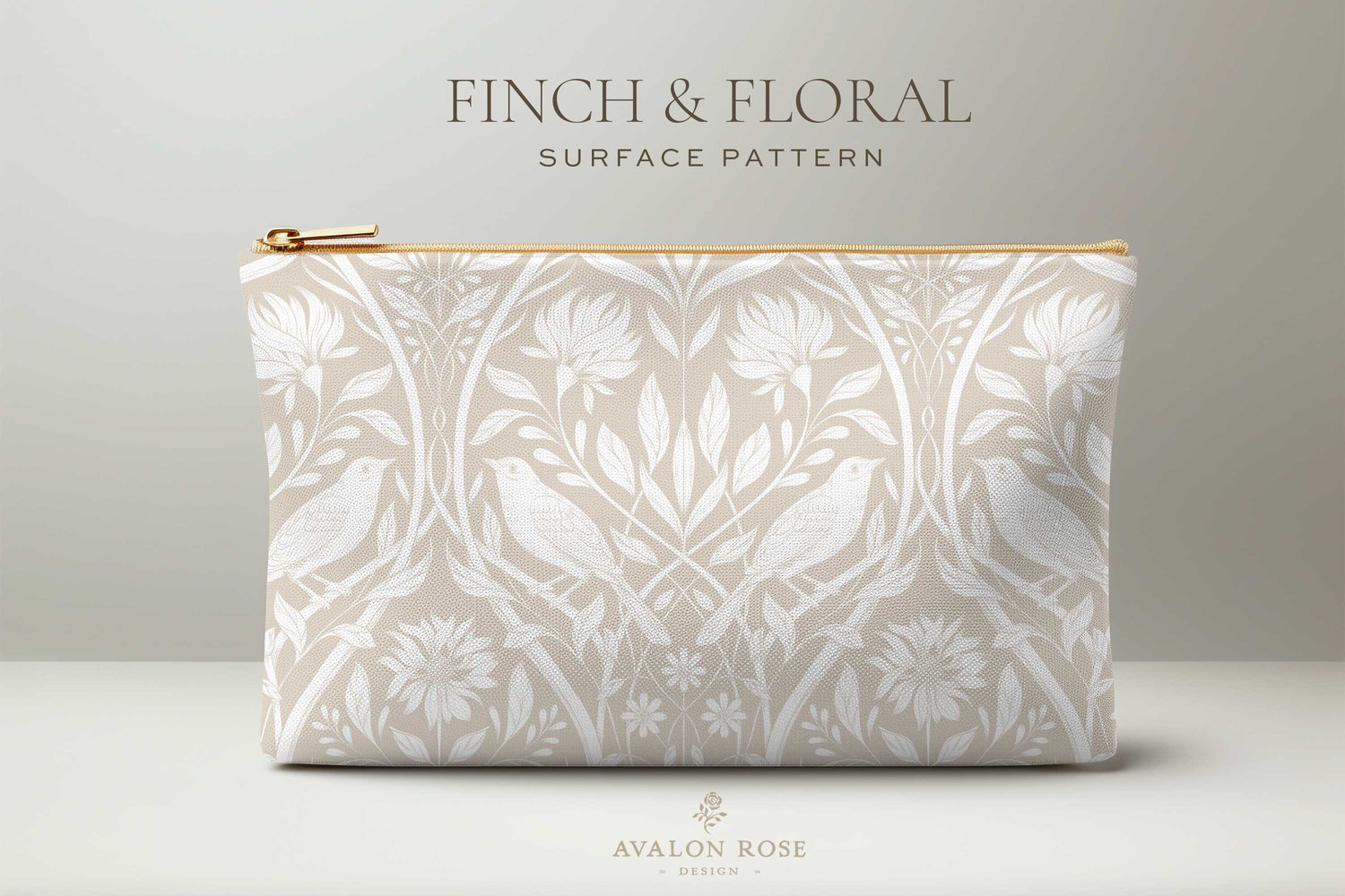Cream and white surface pattern design featuring florals and birds with the words Finch & Floral Surface Pattern