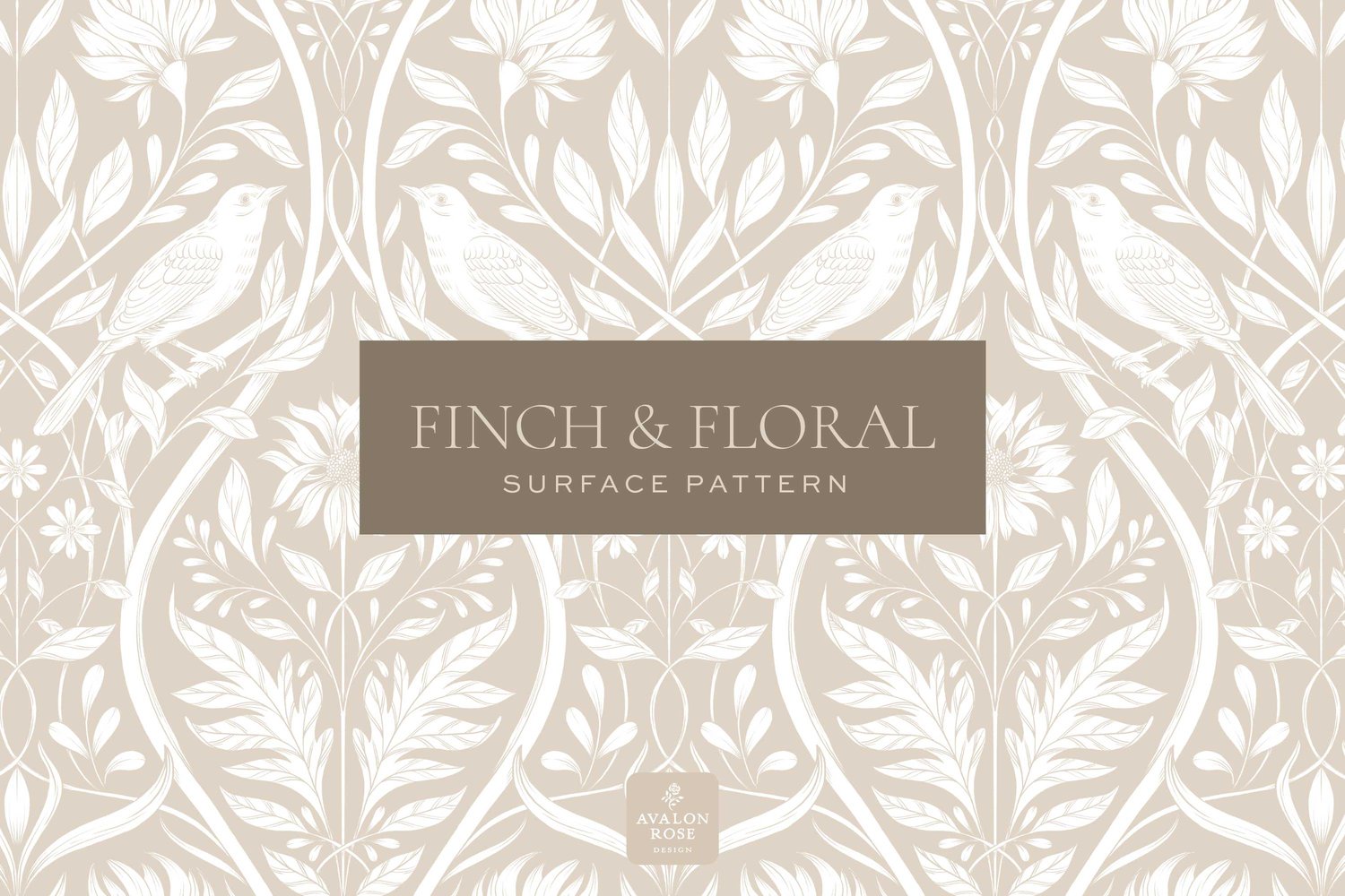 Cream and white surface pattern design featuring florals and birds with the words Finch & Floral Surface Pattern