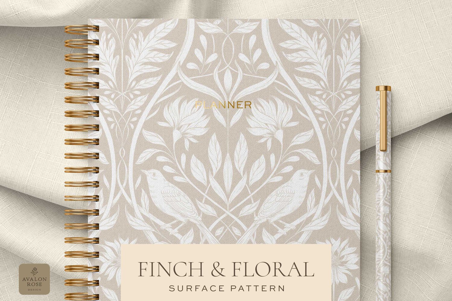 Cream and white surface pattern design featuring florals and birds with the words Finch & Floral Surface Pattern