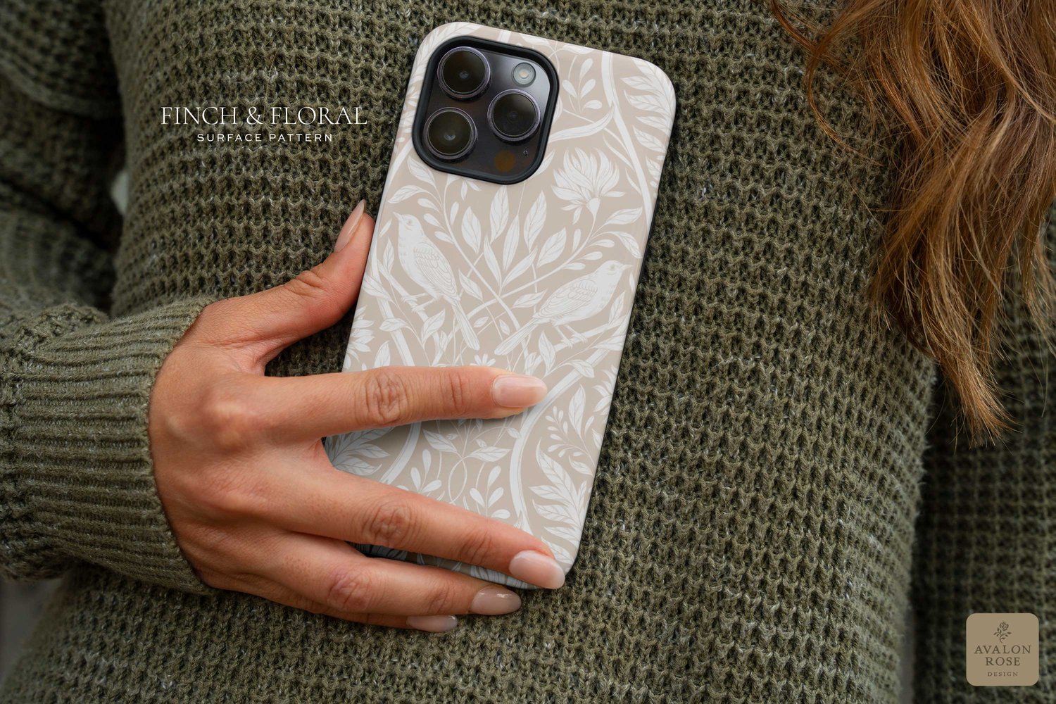 Cream and white surface pattern design featuring florals and birds with the words Finch & Floral Surface Pattern