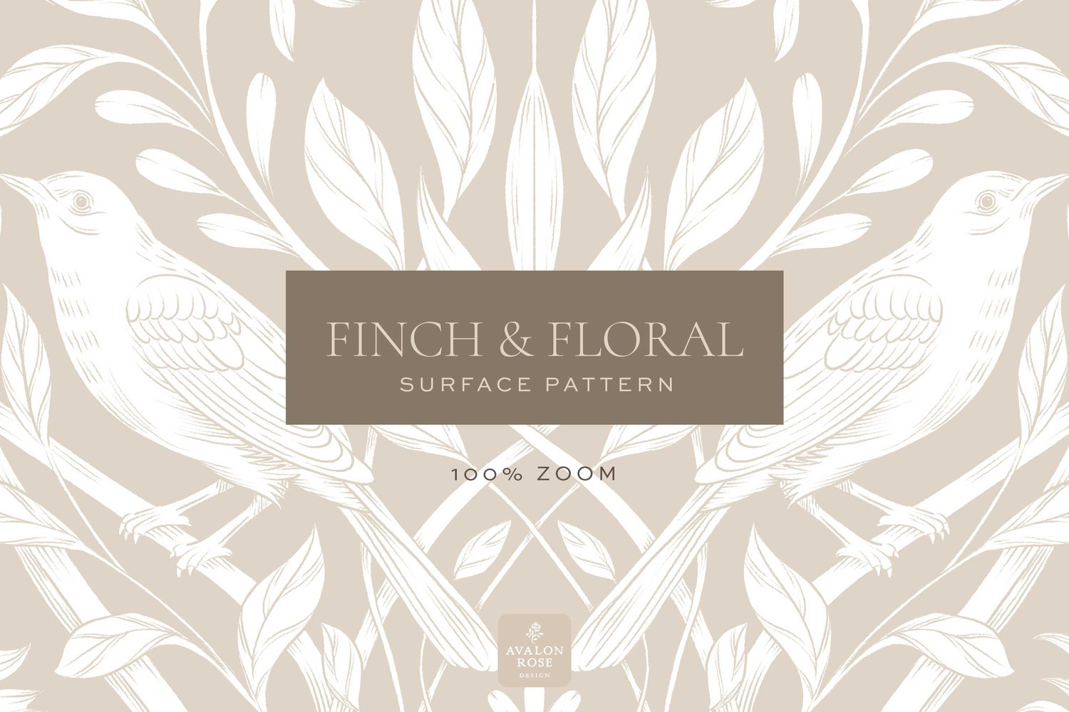 Cream and white surface pattern design featuring florals and birds with the words Finch & Floral Surface Pattern