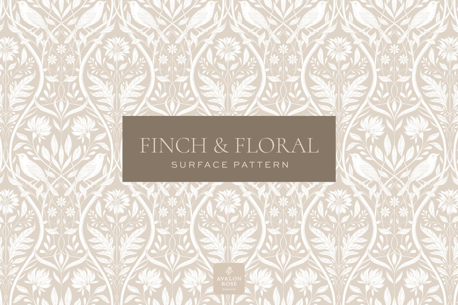 Cream and white surface pattern design featuring florals and birds with the words Finch & Floral Surface Pattern
