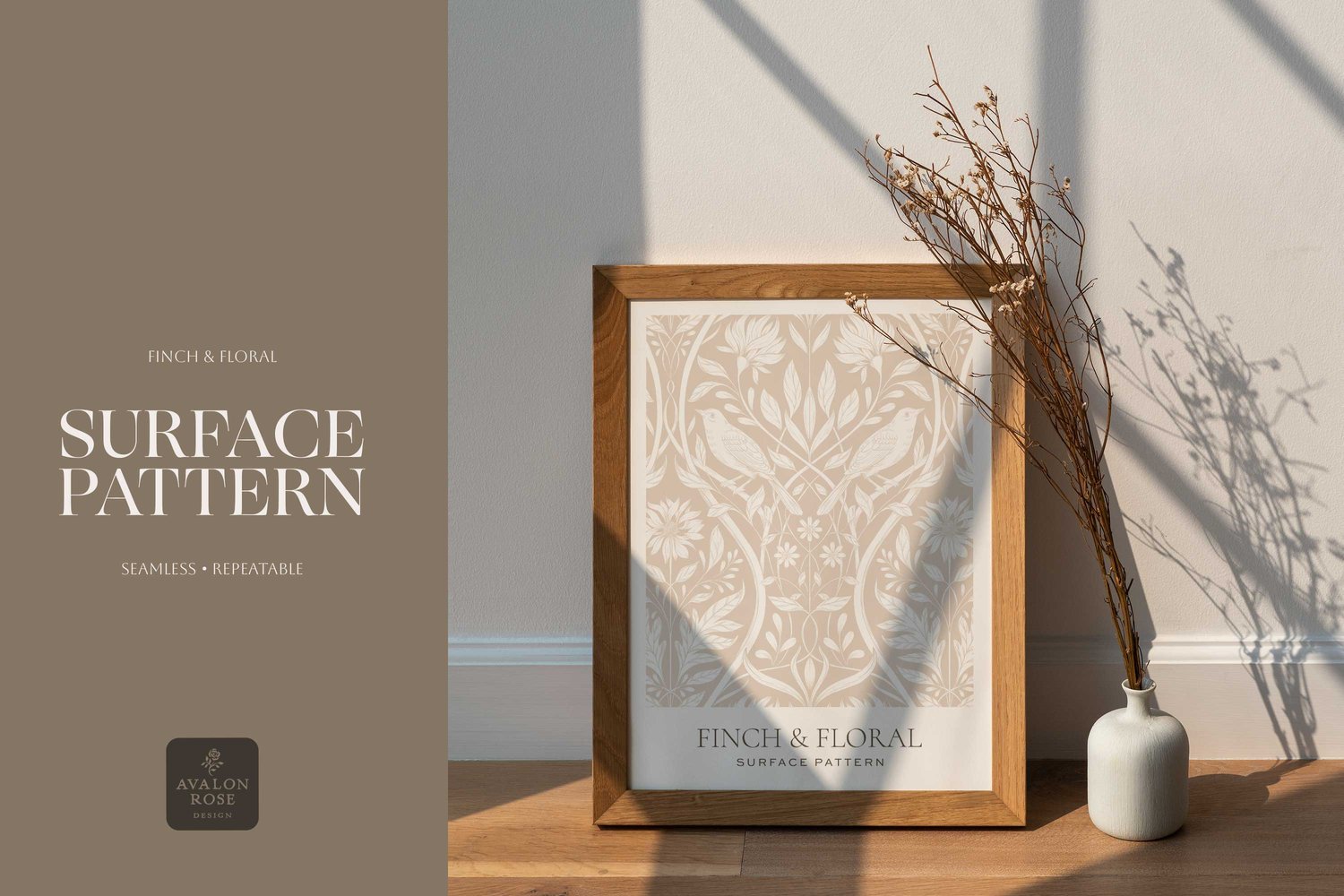 Cream and white surface pattern design featuring florals and birds with the words Finch & Floral Surface Pattern