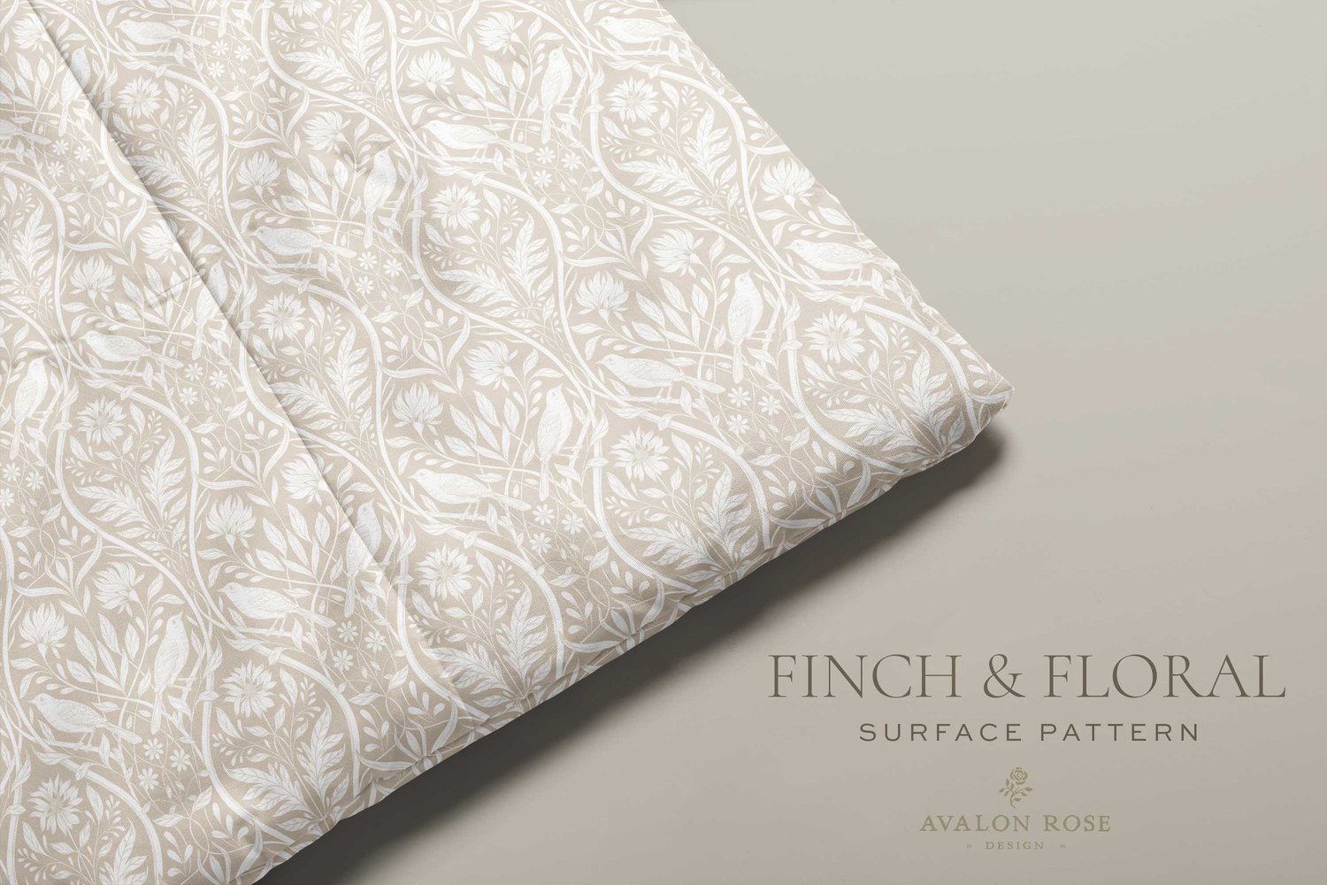 Cream and white surface pattern design featuring florals and birds with the words Finch & Floral Surface Pattern