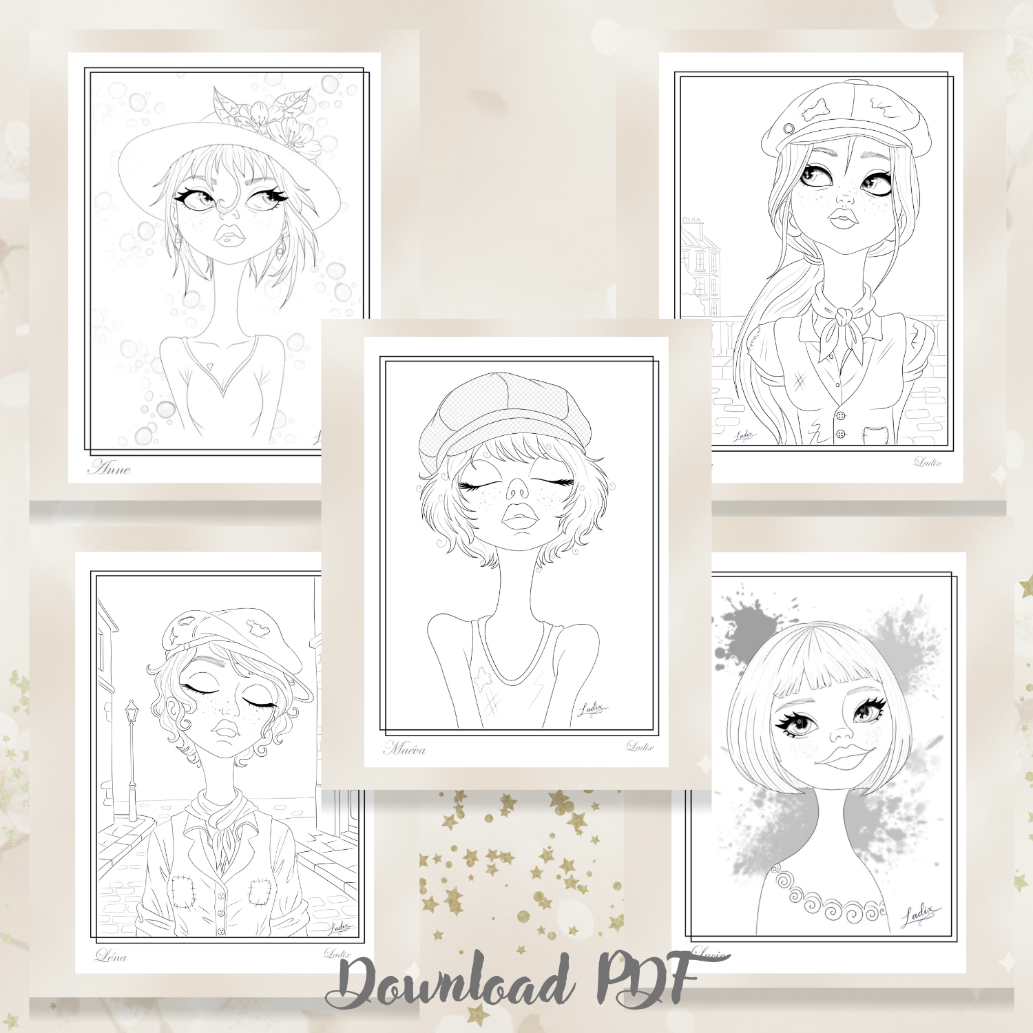 Set of 5 Printable Female Portrait Coloring Pages (PDF)