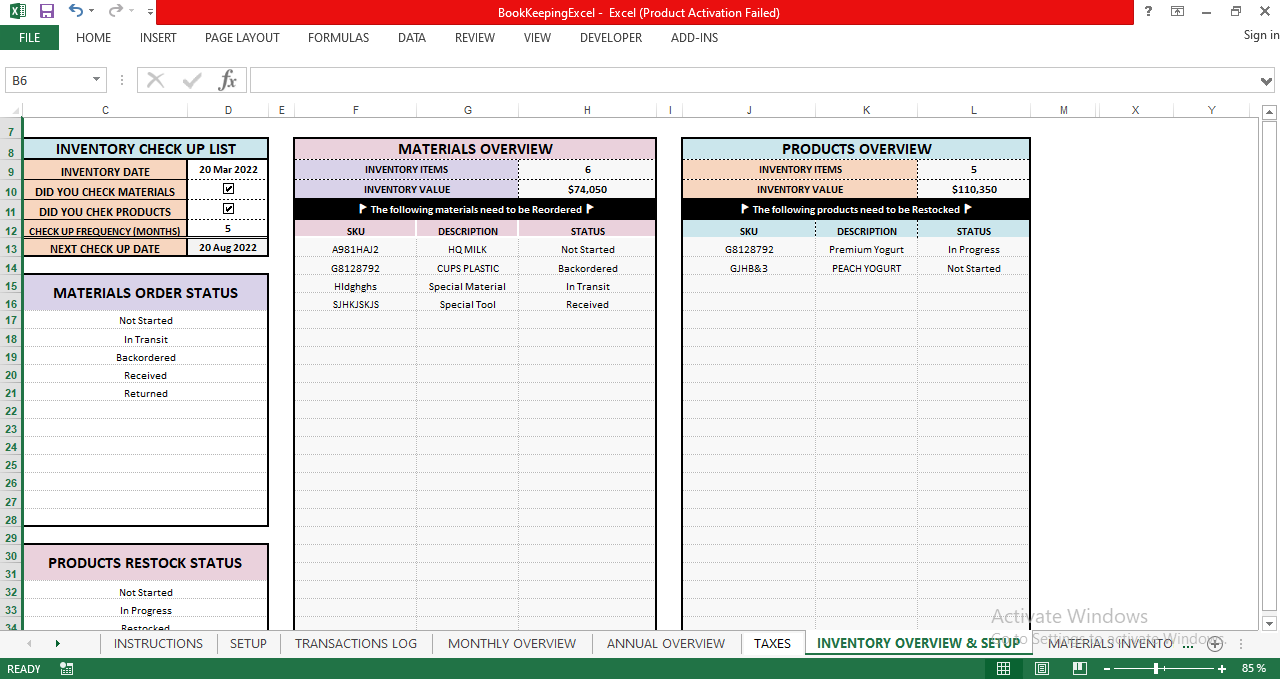 Inventory overview and setup dashboard in Excel for tracking materials, products, stock status, reorder alerts, and inventory value
