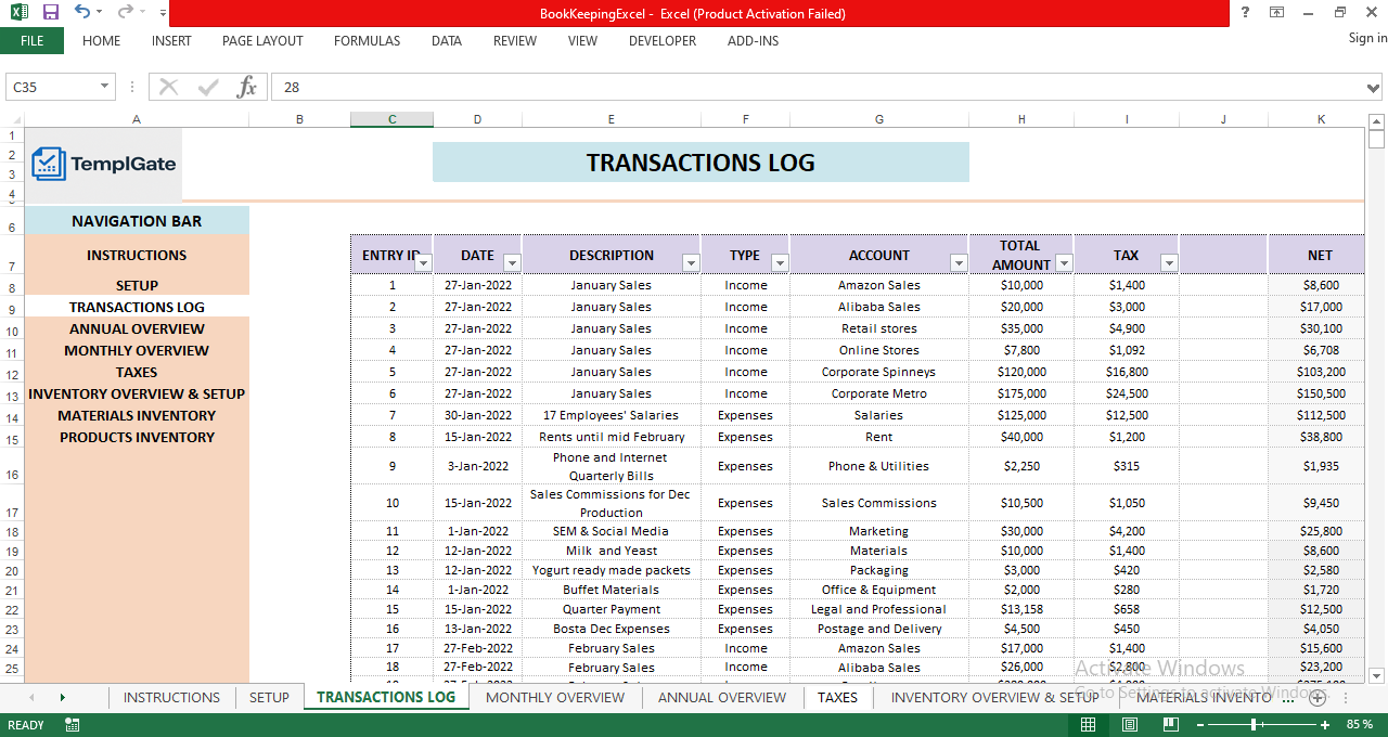 Excel transactions log template for recording business income and expenses with categories, tax amounts, and net totals