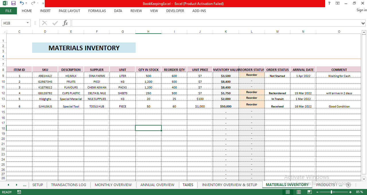 Materials inventory management Excel sheet tracking stock quantity, reorder levels, suppliers, unit price, and inventory value