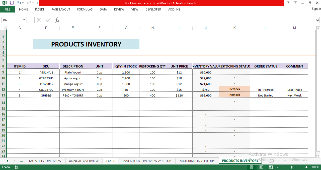 Products inventory Excel template showing stock levels, restocking quantities, unit prices, inventory value, and order status