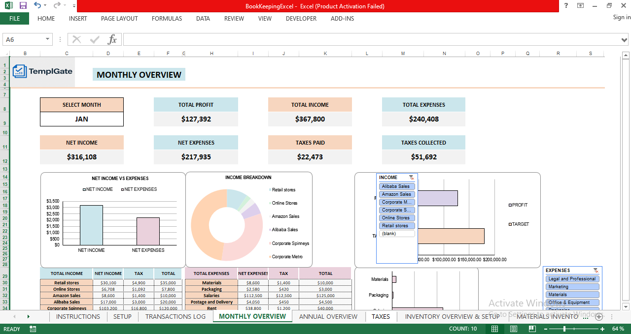 Monthly bookkeeping dashboard in Excel displaying income, expenses, net profit, taxes paid and collected with visual charts