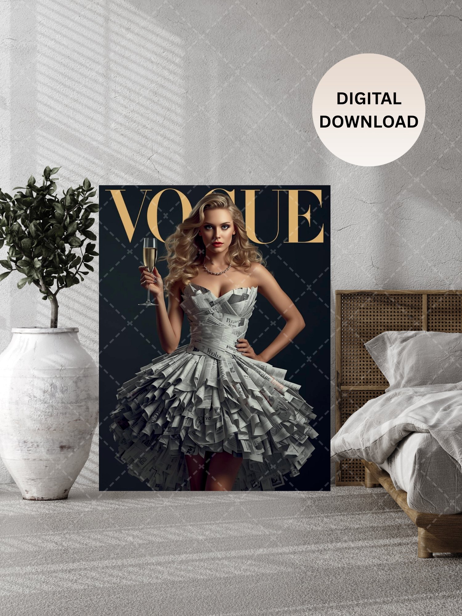 High-fashion editorial art print,  Photorealistic, cinematic poster,  Elegant newspaper fashion wallart,  digital download art poster,  digital wall art