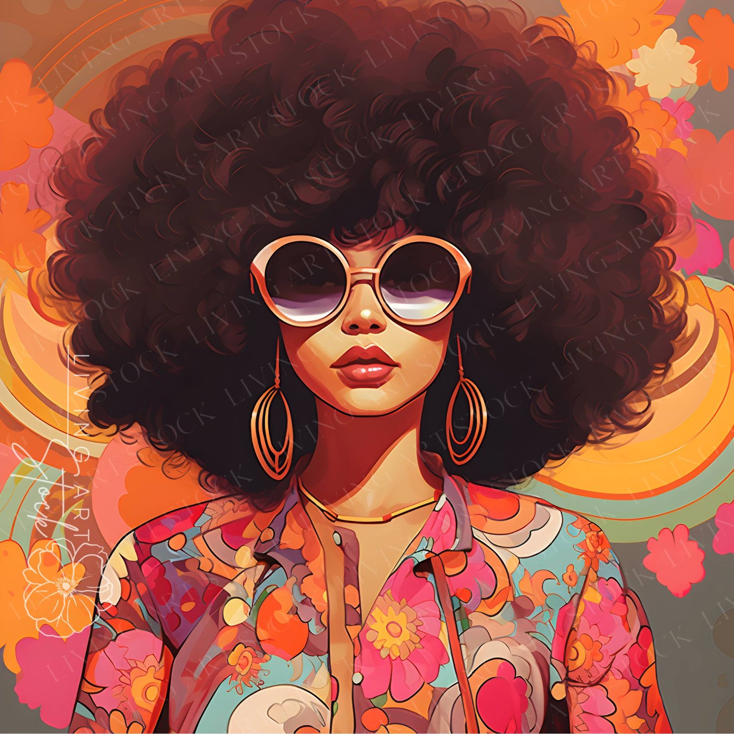 A vibrant, high-contrast digital illustration of a woman featuring a voluminous, textured natural afro. She is styled in iconic 1970s bohemian fashion, wearing large round gradient sunglasses, gold hoop earrings, and a multi-colored floral blouse. The bac