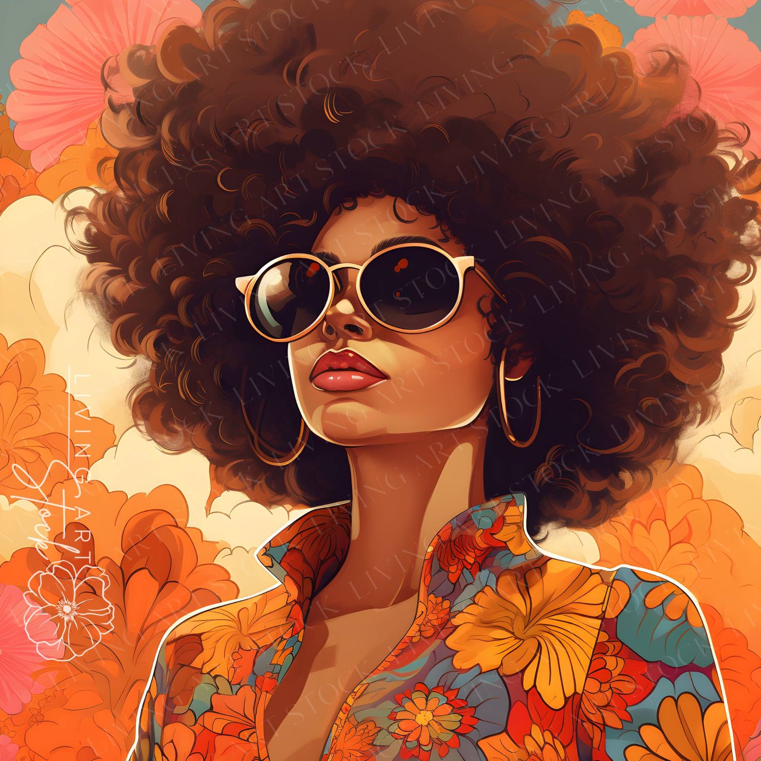 This vibrant digital illustration features a confident Black woman with voluminous natural afro hair. She is styled in iconic 1970s bohemian fashion, wearing large round gradient sunglasses and gold hoop earrings. The background consists of a colorful psy