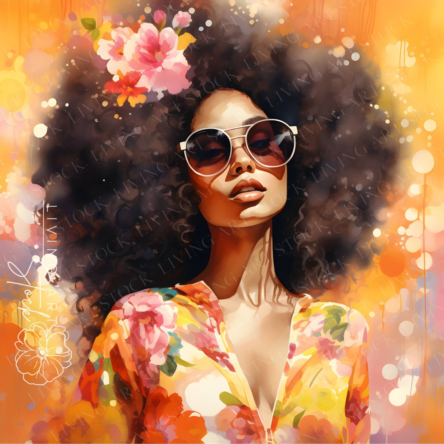 A stunning, high-contrast digital illustration of a woman with a voluminous natural afro adorned with delicate pink and orange flowers. She wears oversized, round retro sunglasses and a deep V-neck blouse featuring a bold, colorful floral print. The artwo
