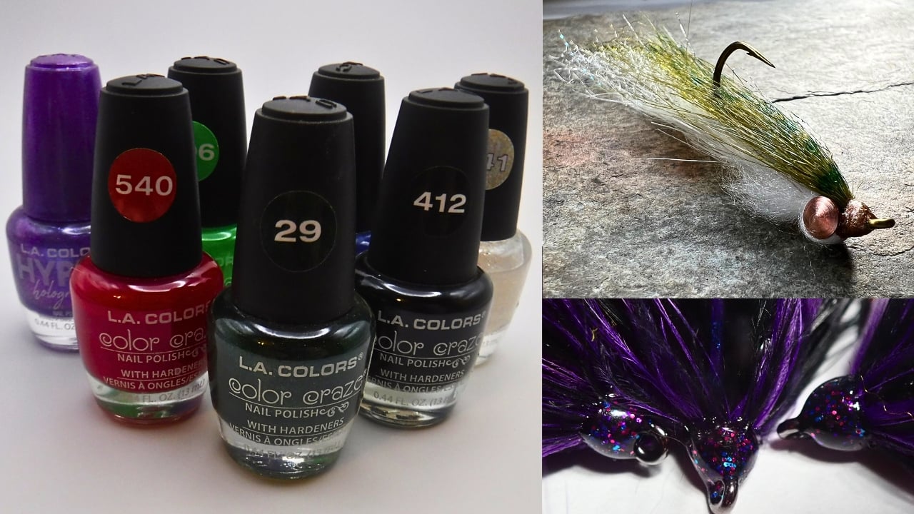 Close-up of finished fly patterns with glossy, colorful heads tied by Matt Campbell using L.A. Colors nail polish.