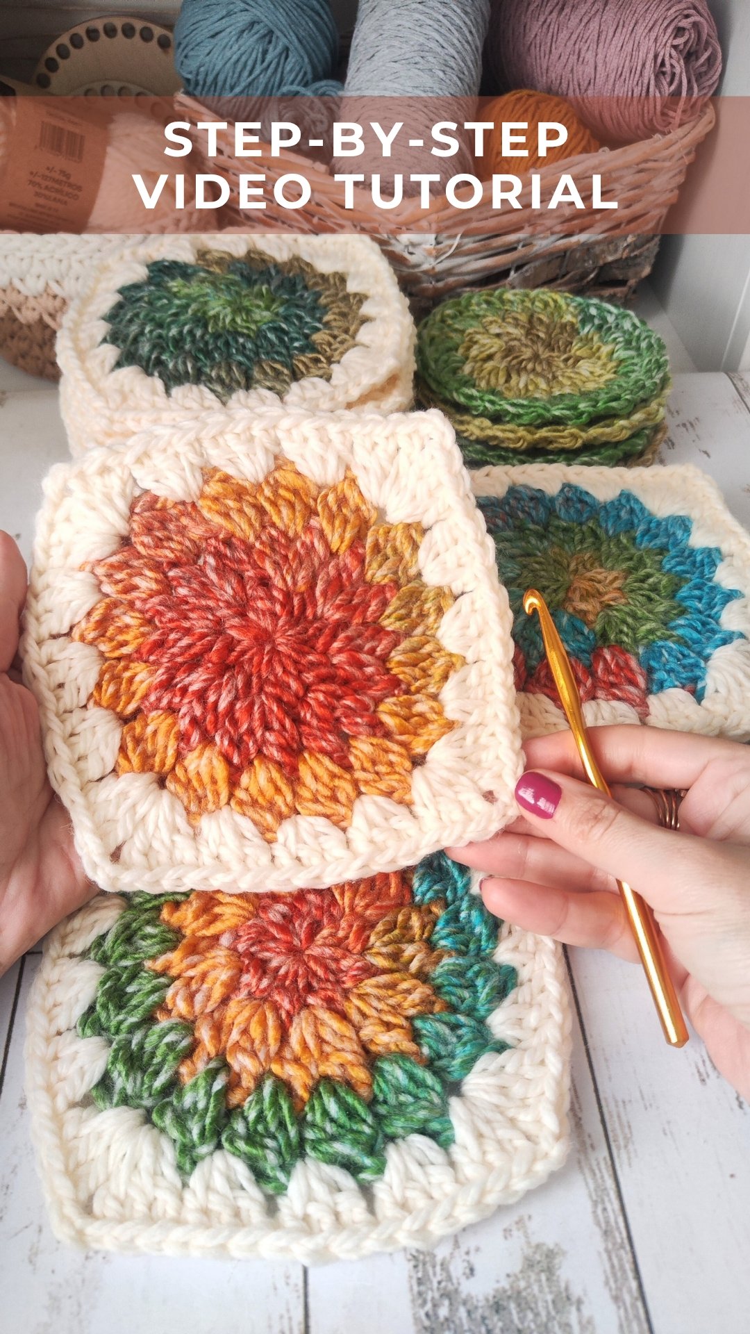Handmade wool granny square crochet square photographed in natural light