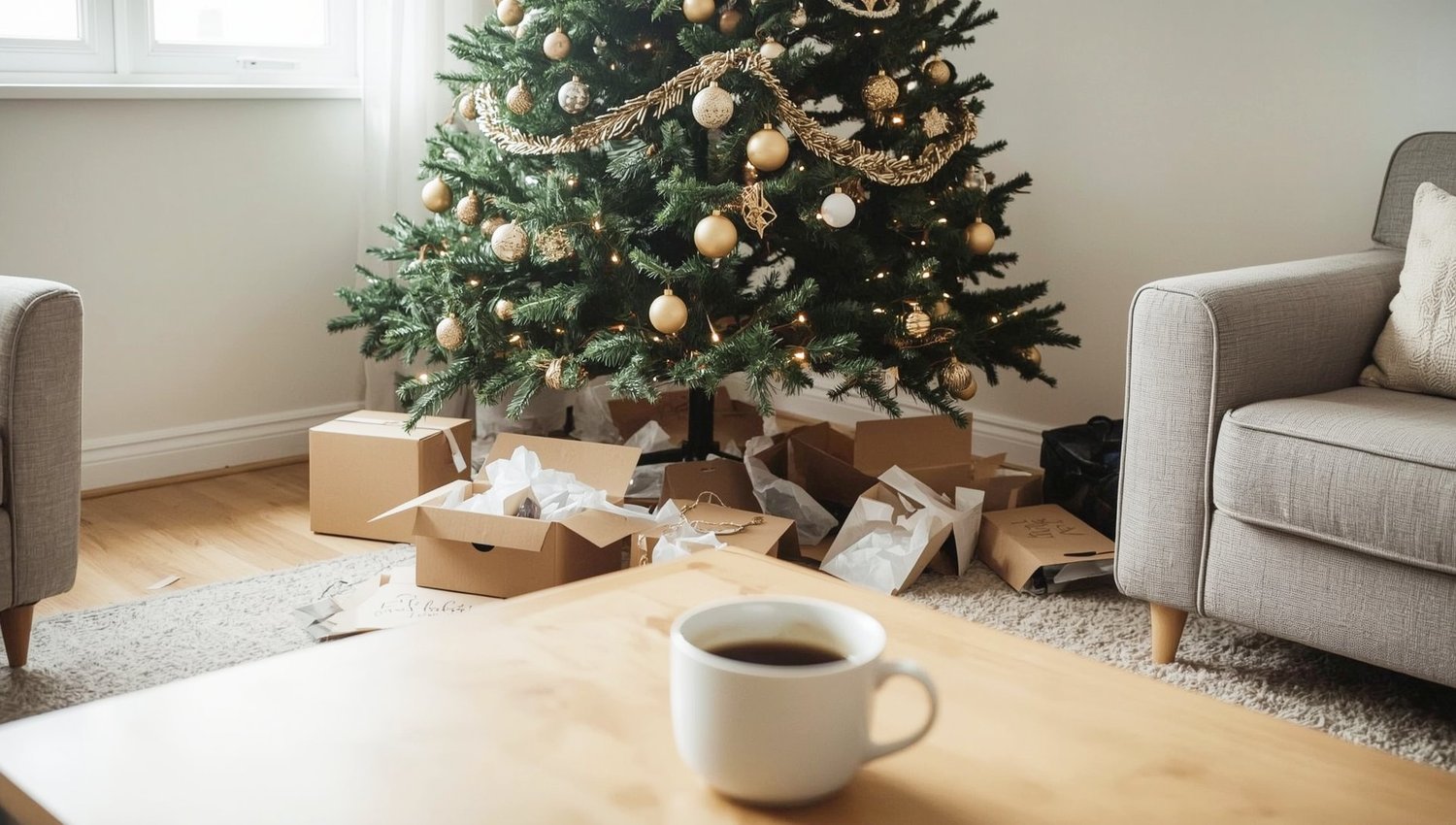 A coffee cup, in front of an undone Christmas Tree.
