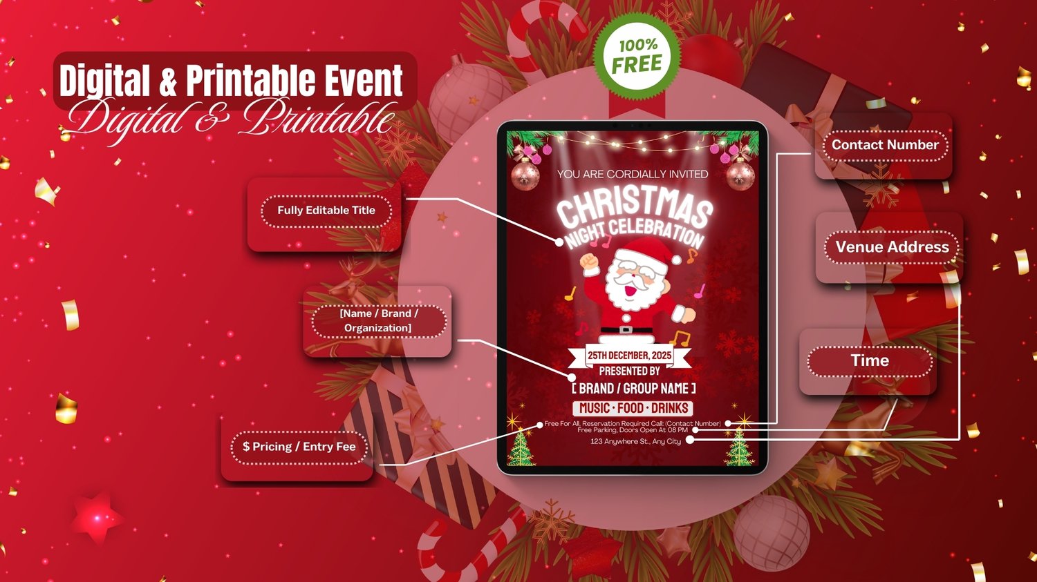 Free 2025 Christmas Party Template. Fully editable, printable, and digital invite. Features Santa, festive ornaments, and customizable text fields for time, venue, and contact.