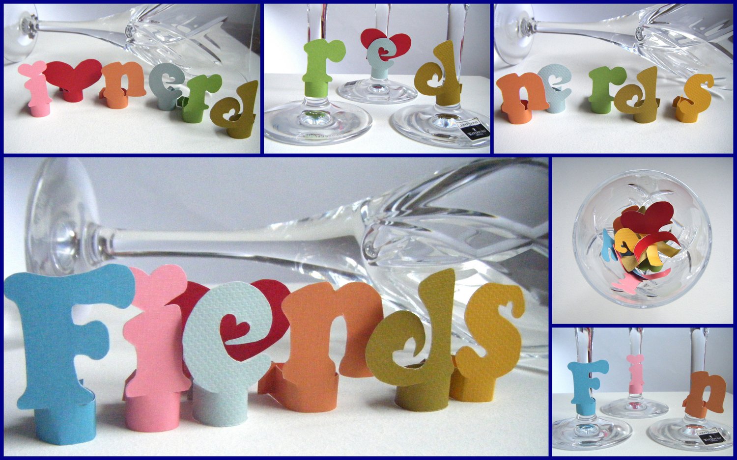 8 printable heart-themed wine glass tags spelling FRIENDS, displayed as DIY drink markers on wine glass stems.