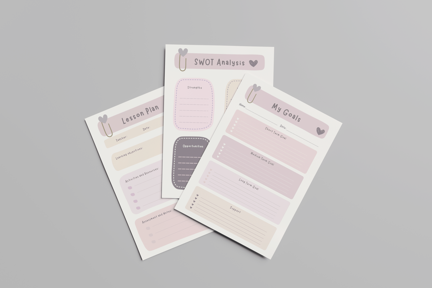 Pastel teacher planner bundle mockup showing lesson plan, curriculum map, pupil profile and daily agenda templates on a desk.