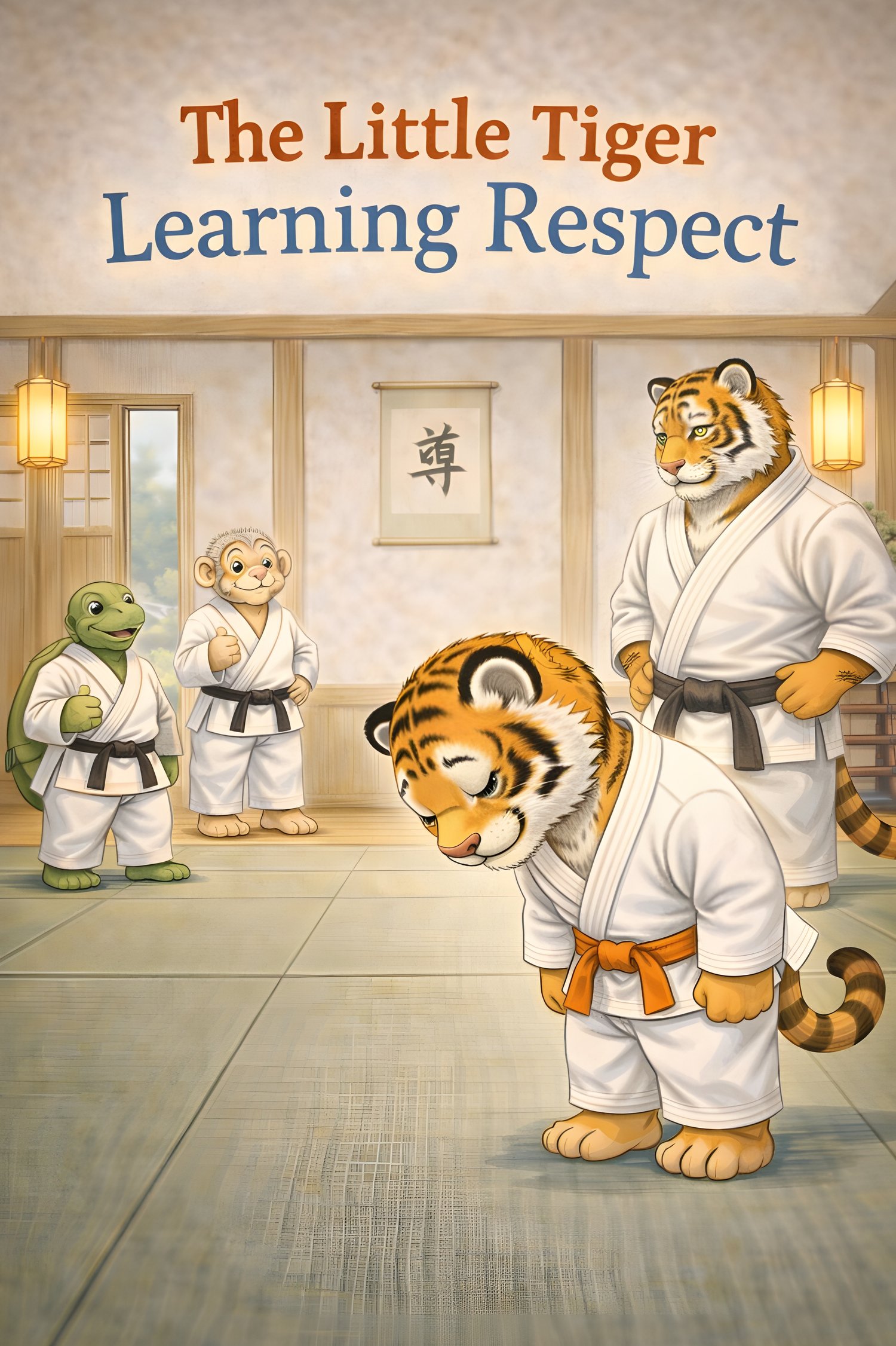 Children’s book cover showing a tiger in a dojo learning respect