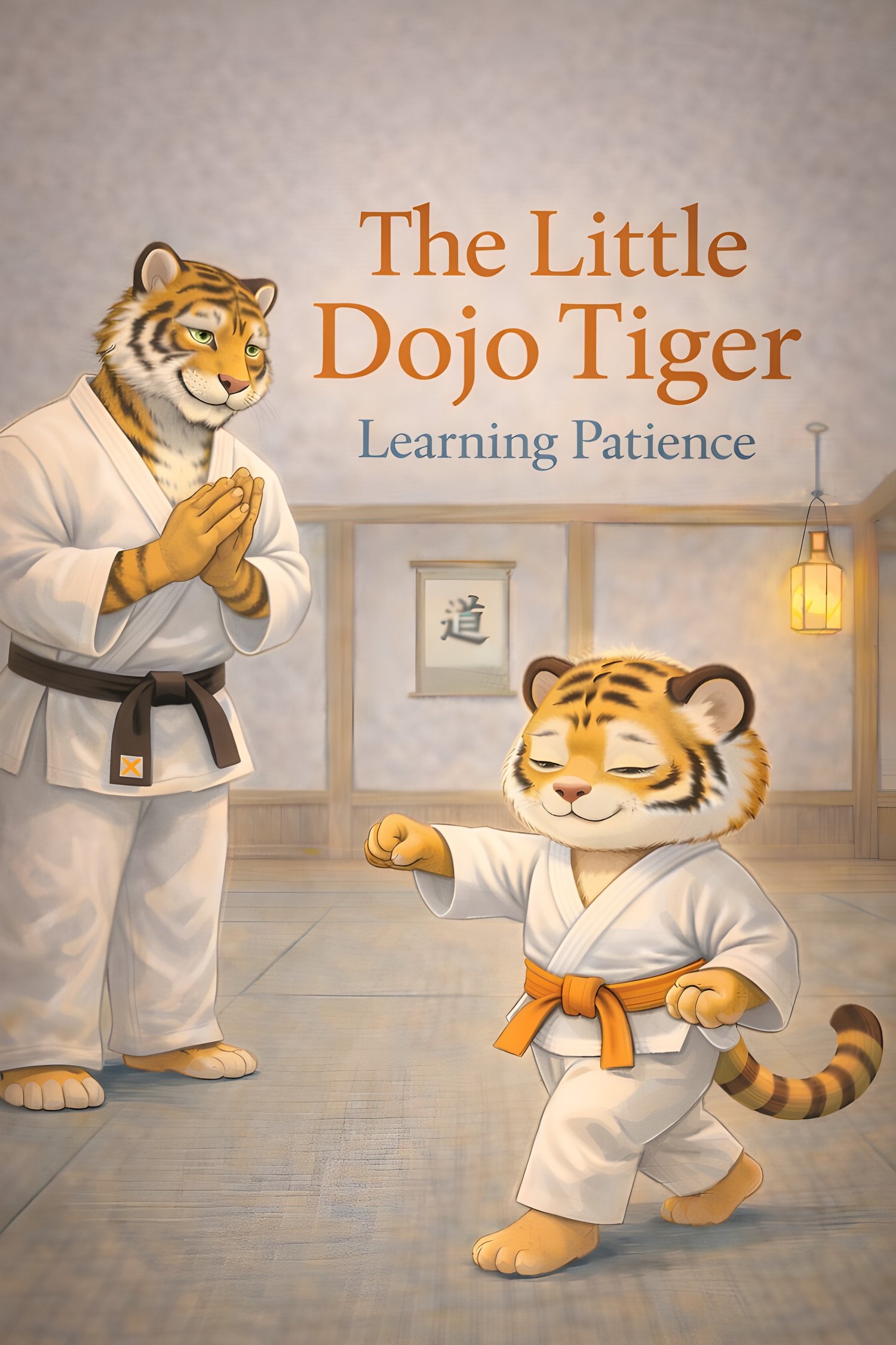 Illustrated cover of The Little Dojo Tiger Learning Patience showing a young tiger in a calm dojo, learning patience through martial arts.