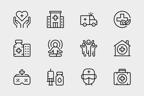 Health and medical icons representing healthcare, wellness, hospitals, doctors, and patient care