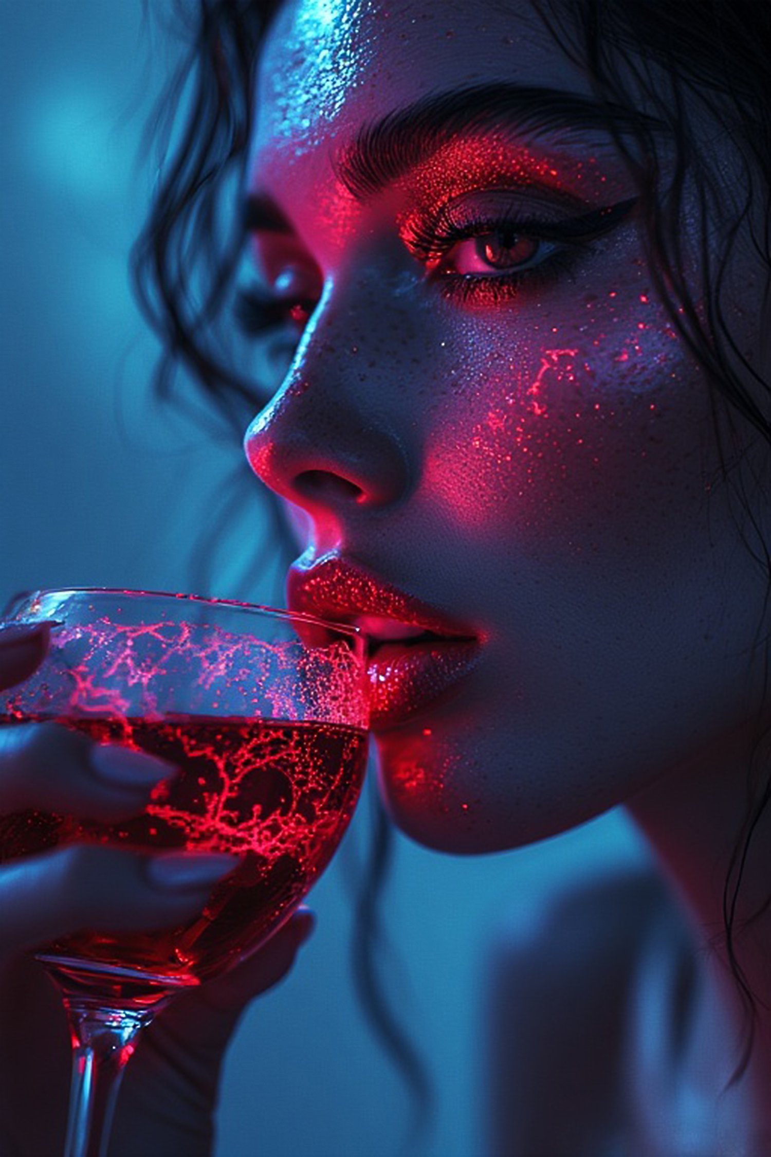cinematic portrait, glowing drink, luxury cocktail, neon lighting, hyperrealistic woman, freckles close up, sparkling wine glass, red aesthetic, moody portrait, nightlife branding, premium visual, luxury advertising image, sensual lighting, teal and red c