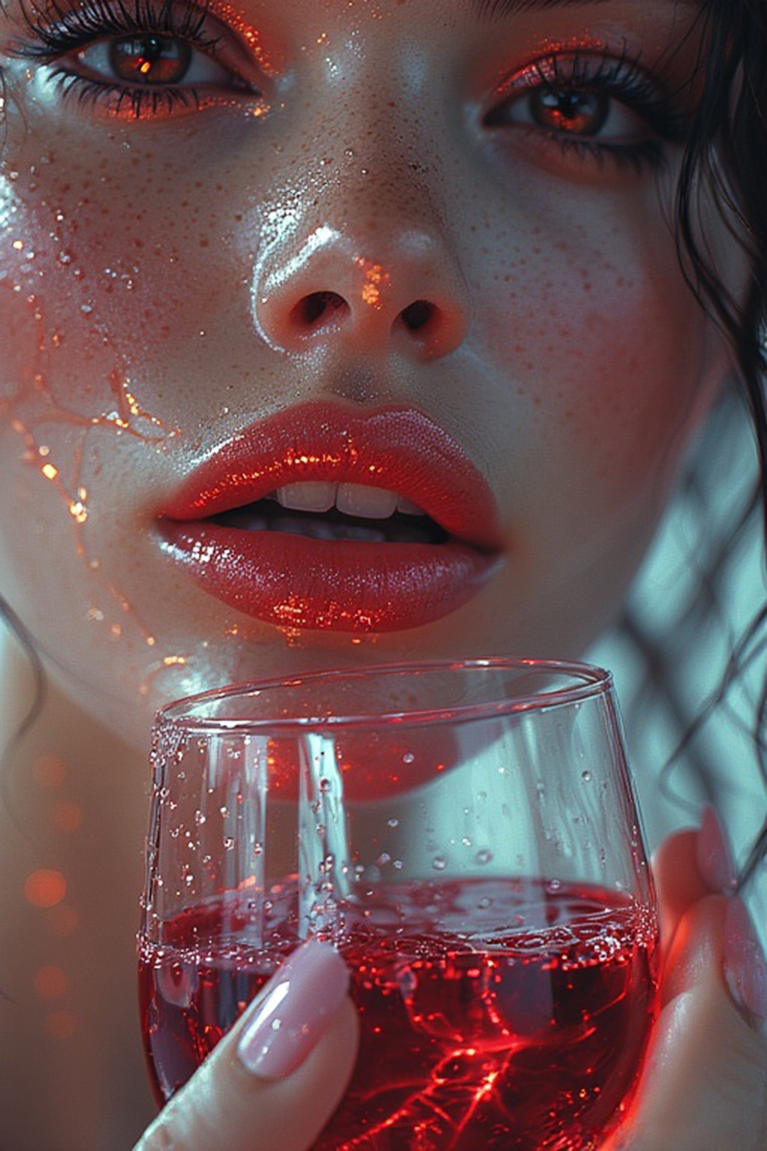 cinematic portrait, glowing drink, luxury cocktail, neon lighting, hyperrealistic woman, freckles close up, sparkling wine glass, red aesthetic, moody portrait, nightlife branding, premium visual, luxury advertising image, sensual lighting, teal and red c