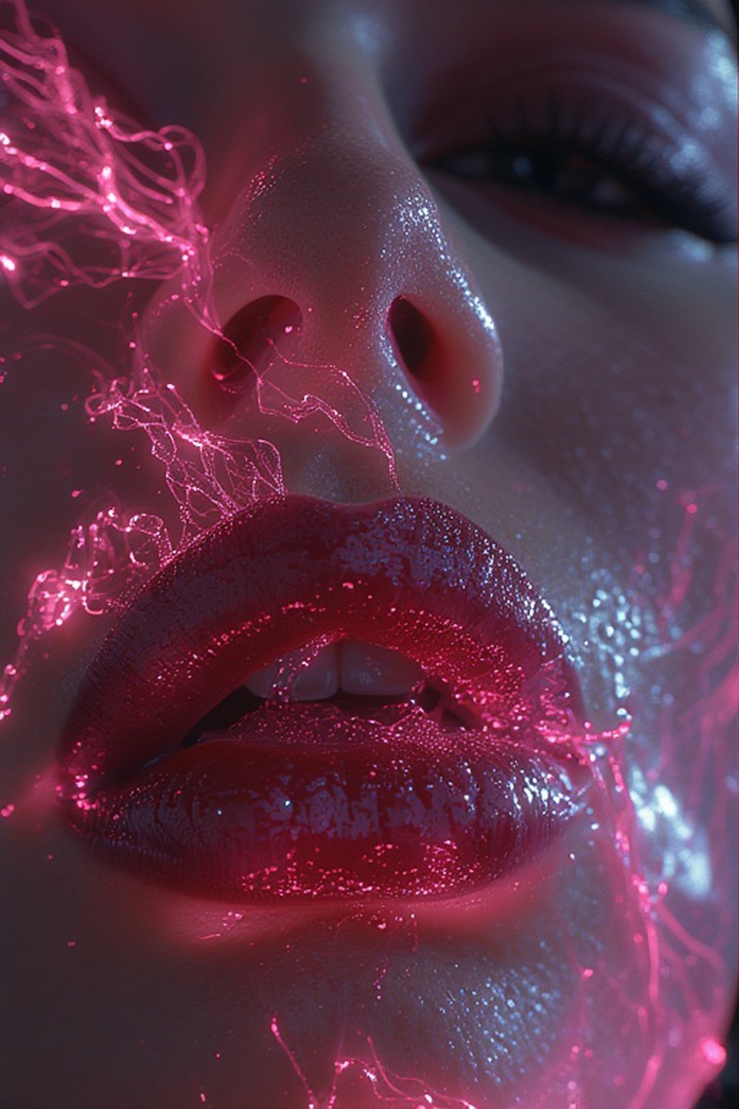 cinematic portrait, glowing drink, luxury cocktail, neon lighting, hyperrealistic woman, freckles close up, sparkling wine glass, red aesthetic, moody portrait, nightlife branding, premium visual, luxury advertising image, sensual lighting, teal and red c