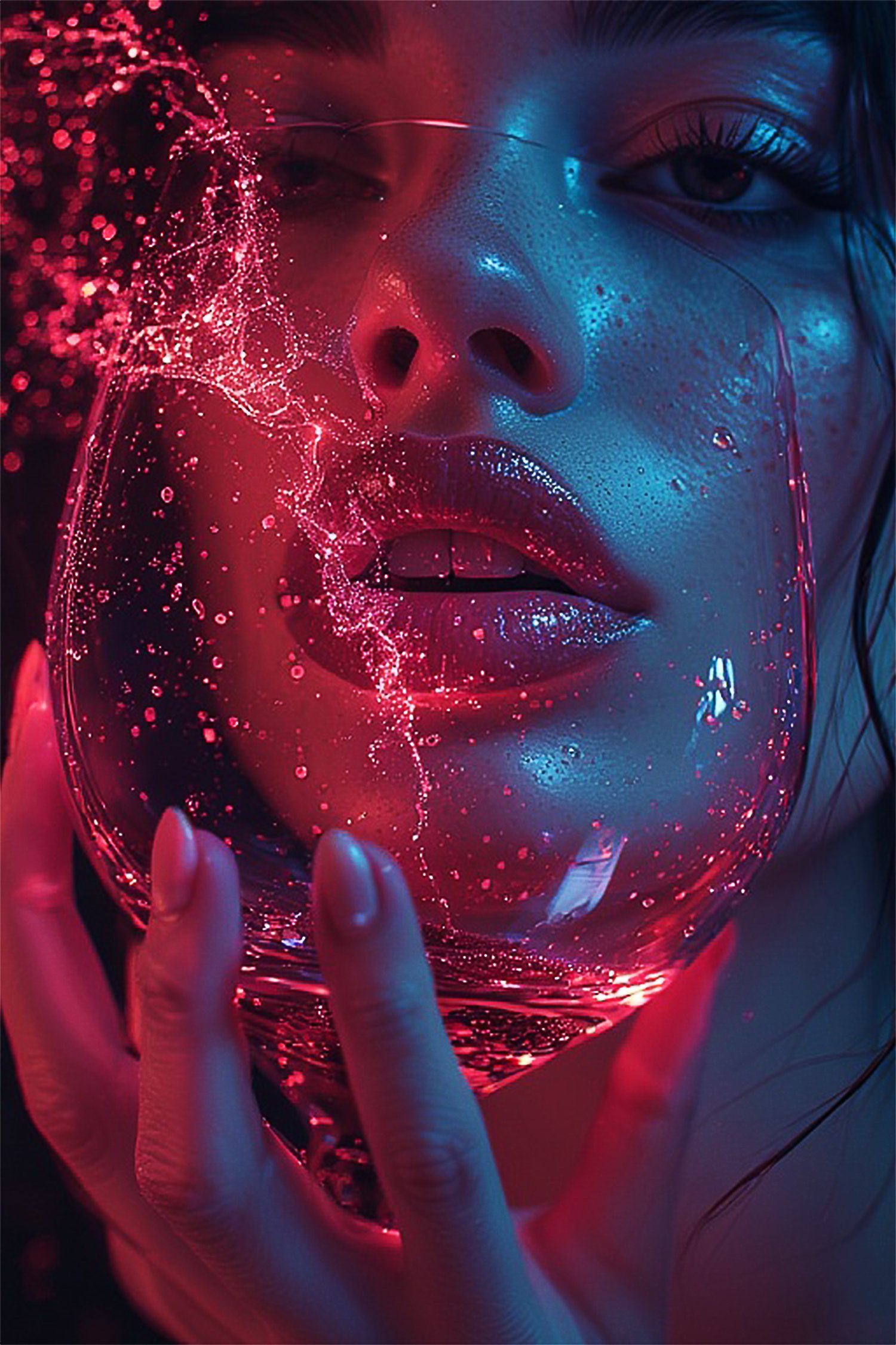 cinematic portrait, glowing drink, luxury cocktail, neon lighting, hyperrealistic woman, freckles close up, sparkling wine glass, red aesthetic, moody portrait, nightlife branding, premium visual, luxury advertising image, sensual lighting, teal and red c