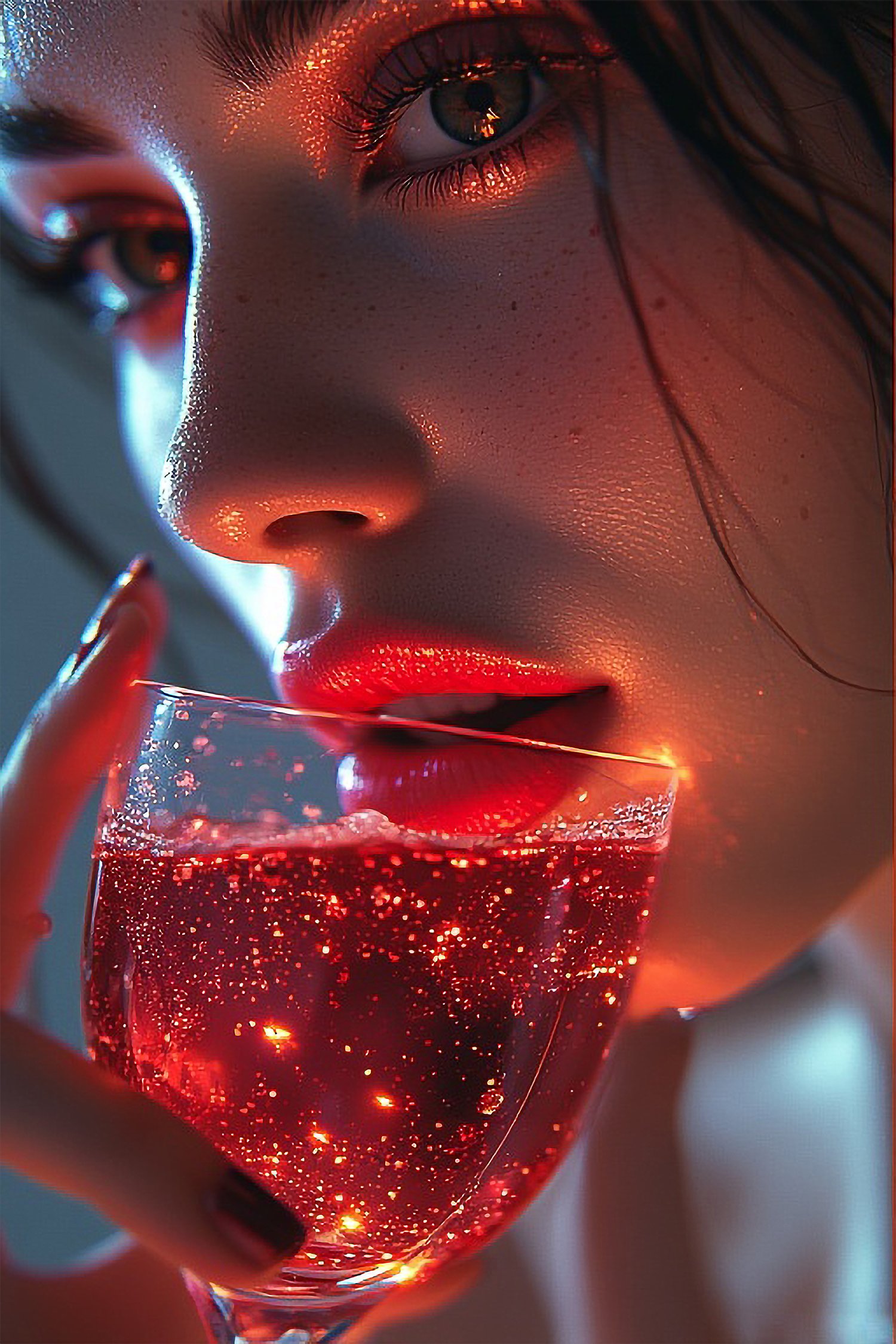 cinematic portrait, glowing drink, luxury cocktail, neon lighting, hyperrealistic woman, freckles close up, sparkling wine glass, red aesthetic, moody portrait, nightlife branding, premium visual, luxury advertising image, sensual lighting, teal and red c