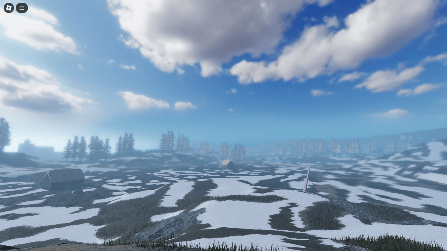 Snow-covered medieval Roblox world from aerial view