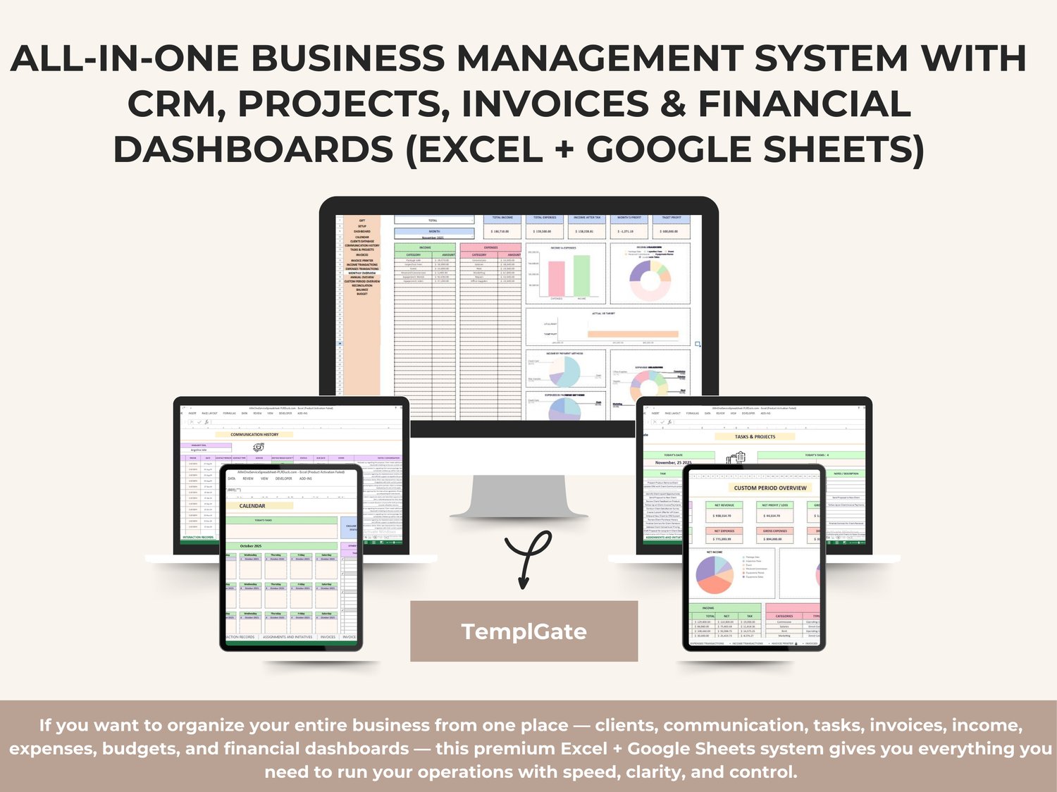 All-in-One Business Management System with CRM, Projects, Invoices & Financial Dashboards (Excel + Google Sheets)