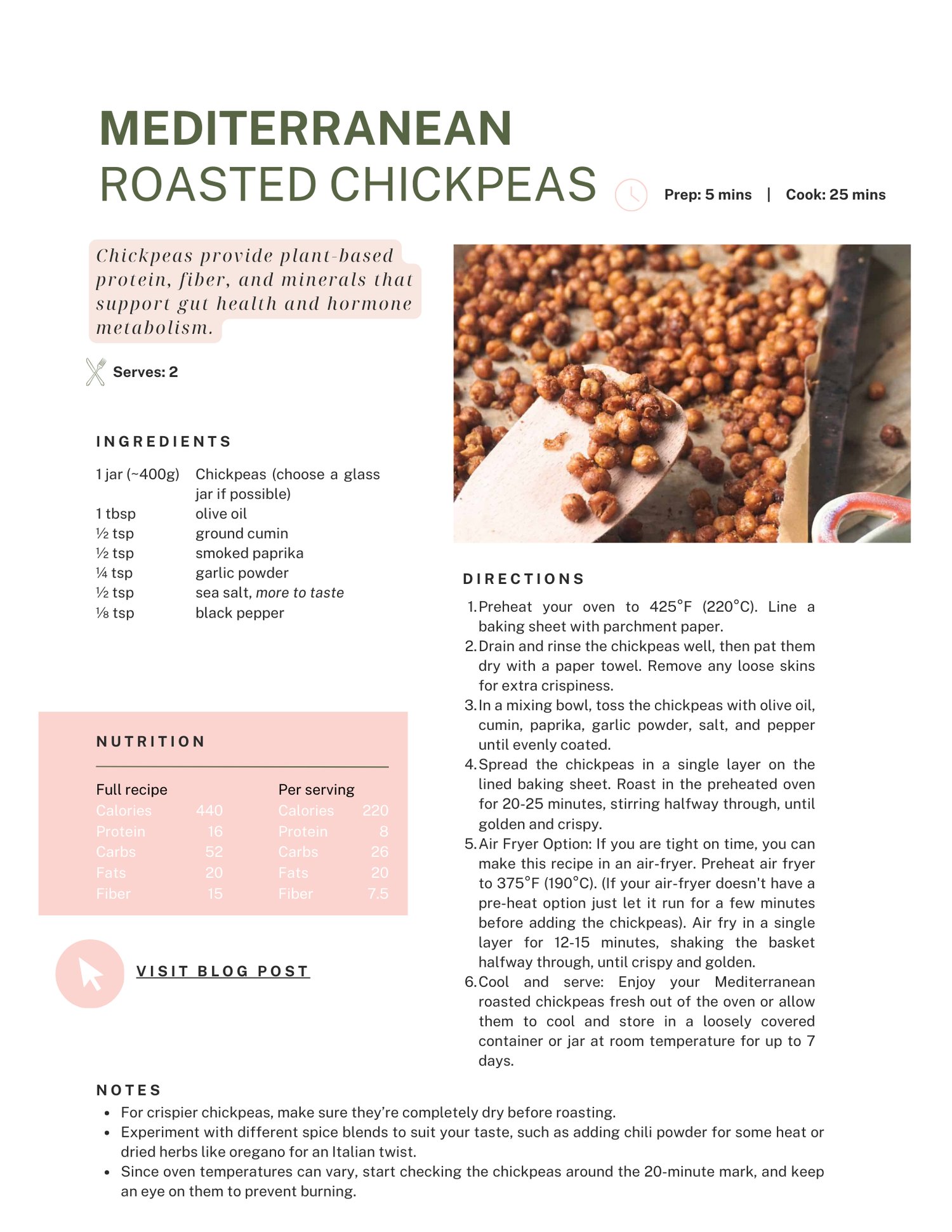 Mediterranean roasted chickpeas recipe card featuring crispy oven-roasted chickpeas with cumin, smoked paprika, and olive oil, including nutrition information and air fryer instructions.