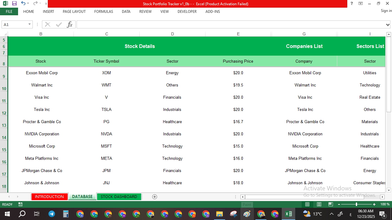 “Excel stock portfolio tracker database sheet with company list, ticker symbols, sectors, and purchase price fields for organized portfolio tracking.”