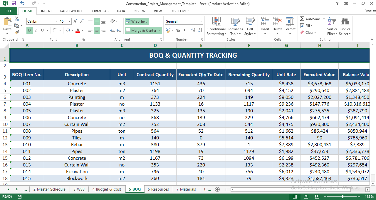 Construction BOQ quantity tracking in Excel with contract qty, executed qty to date, remaining qty, unit rate, executed value, and balance value.