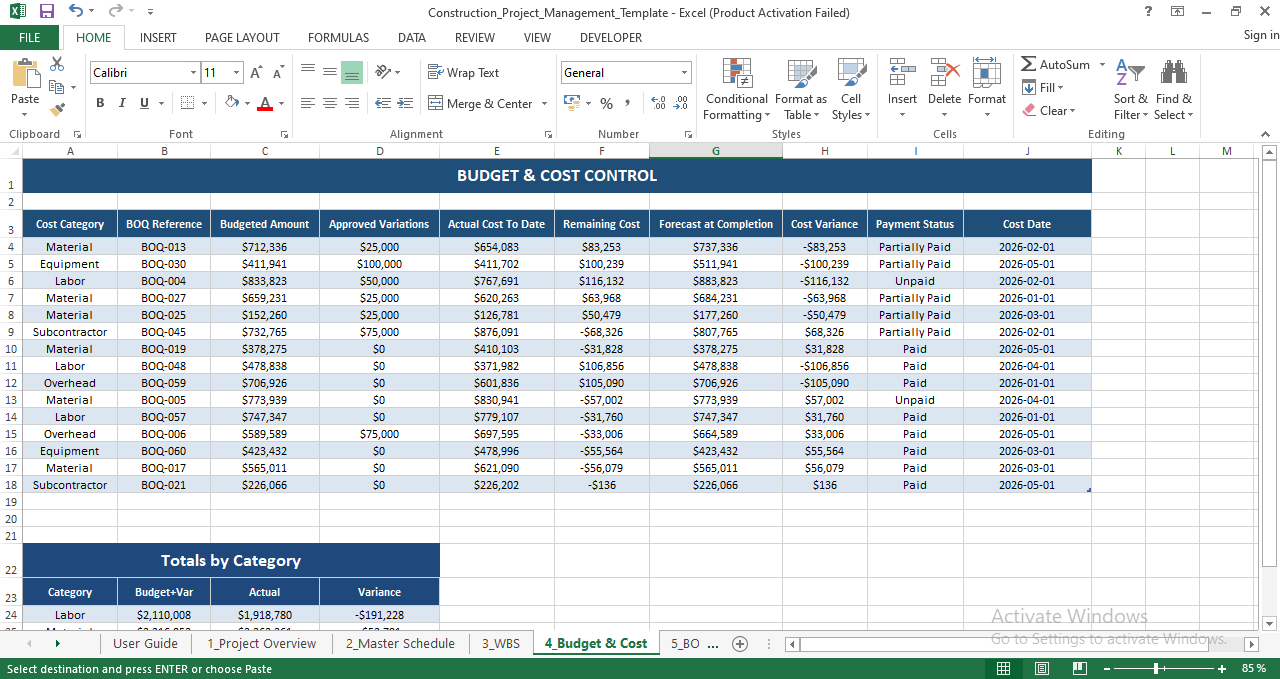 Construction budget and cost control in Excel showing budget, variations, actual cost to date, remaining cost, forecast at completion, and cost variance.
