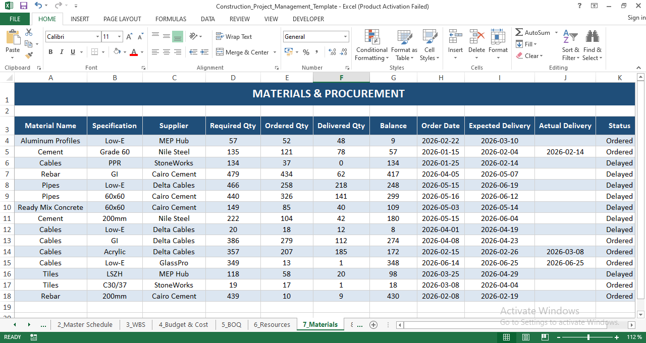 Excel materials and procurement tracker showing required qty, ordered qty, delivered qty, balance, delivery dates, and status.