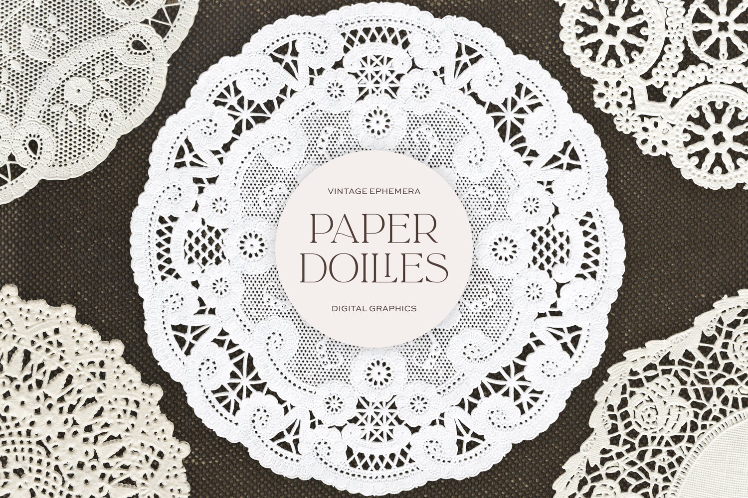 Vintage paper lace doily graphics on a white background with the words Paper Doilies