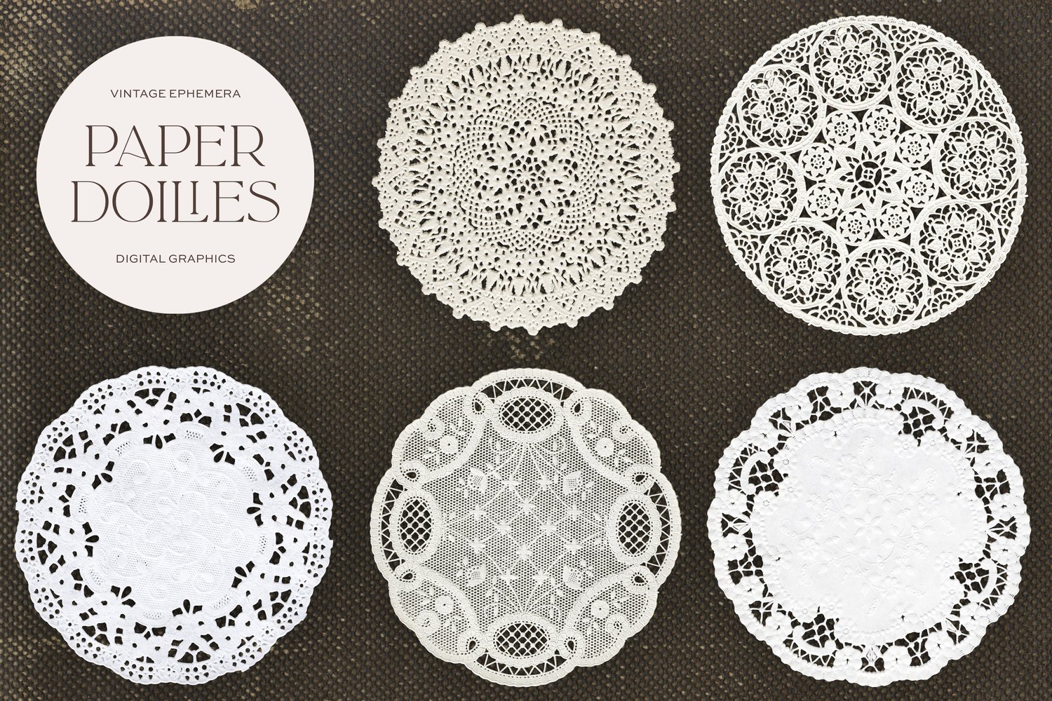 Vintage paper lace doily graphics on a white background with the words Paper Doilies