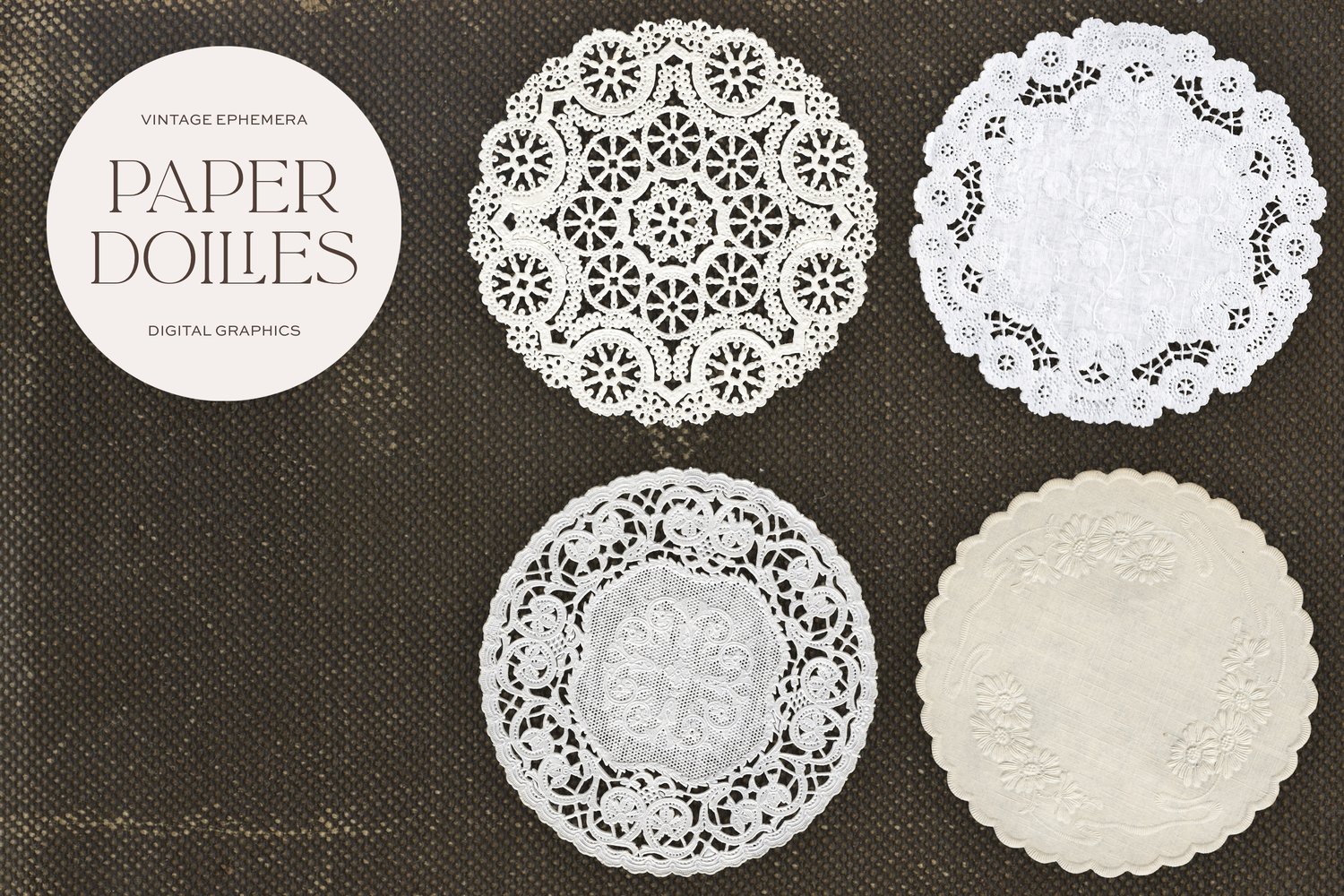 Vintage paper lace doily graphics on a white background with the words Paper Doilies