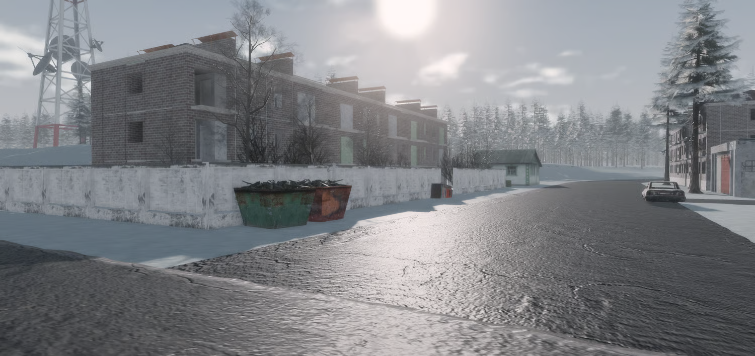 Abandoned buildings in frozen terrain