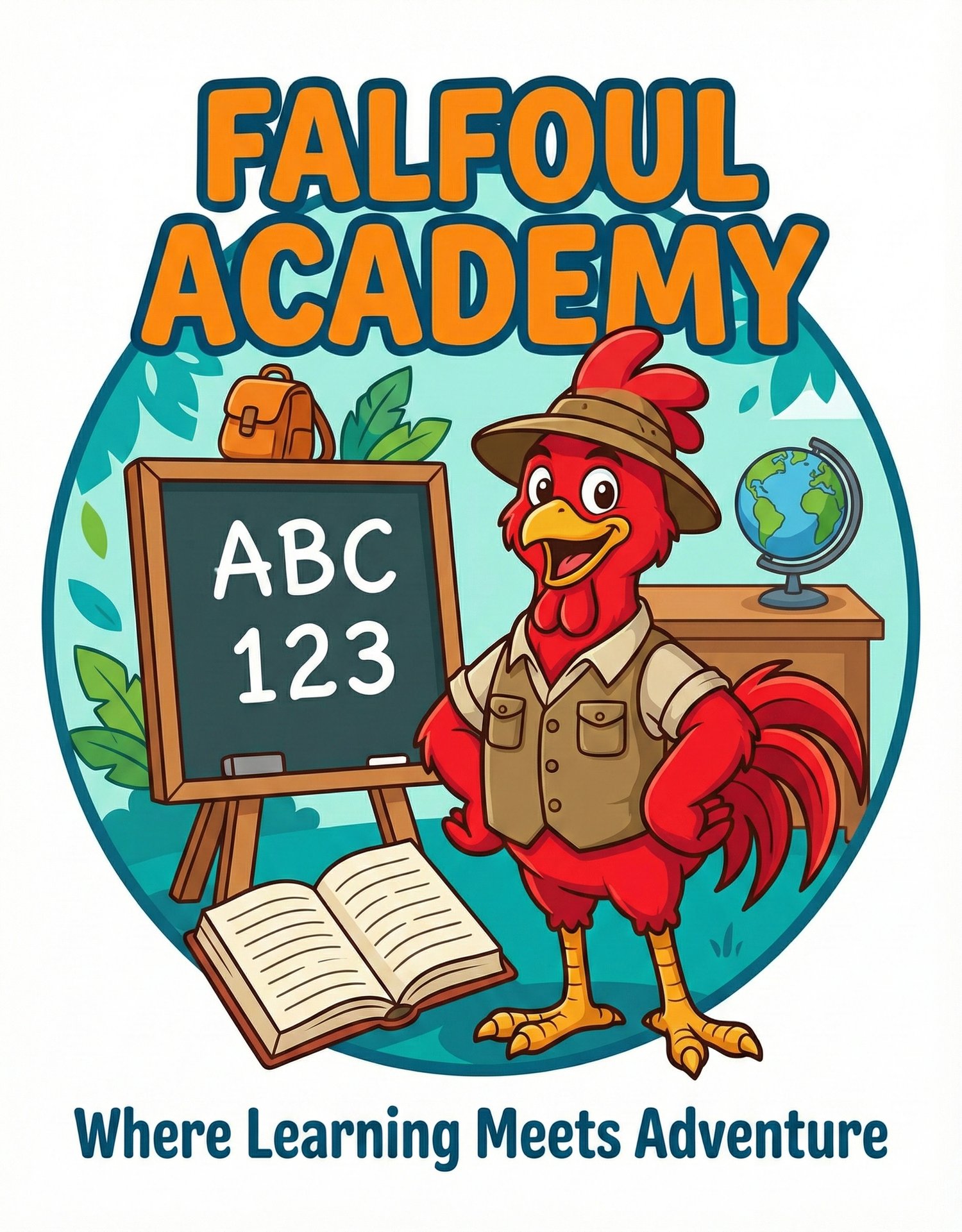 Falfoul Academy official logo featuring a friendly red rooster character with a blackboard and educational tools, representing fun and adventurous learning for kids.