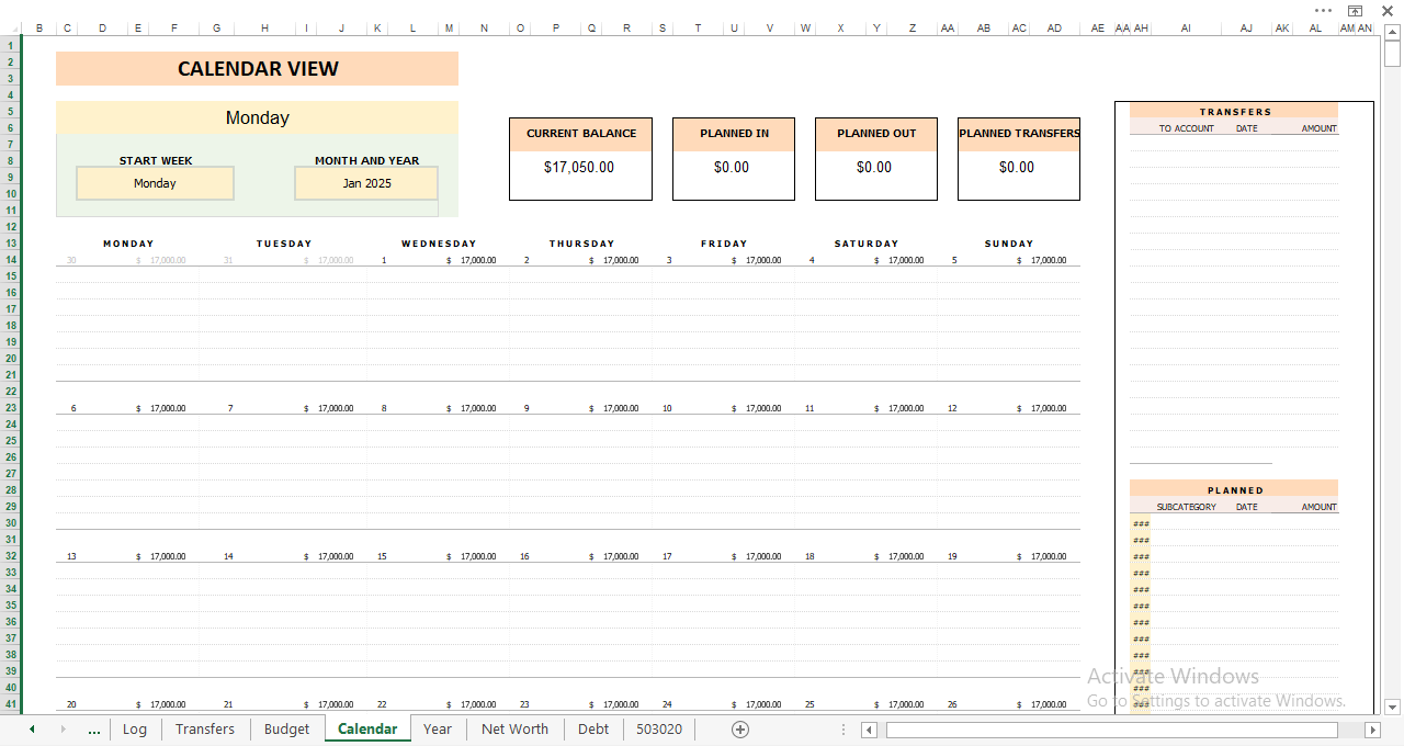 Calendar view with daily balance amounts, weekly layout, and side panels for planned transactions and transfers.