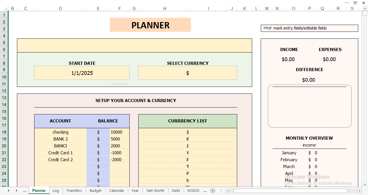 Debt payoff planner displaying debt progress chart, pie chart of debts, monthly payoff schedule, and debt summary boxes.