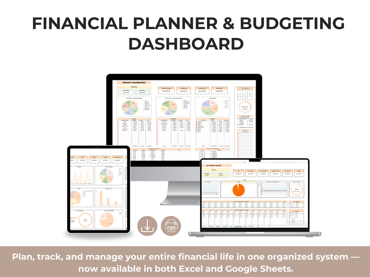 Planner setup page with fields for start date, currency selection, and account balances in a financial tracking workbook.